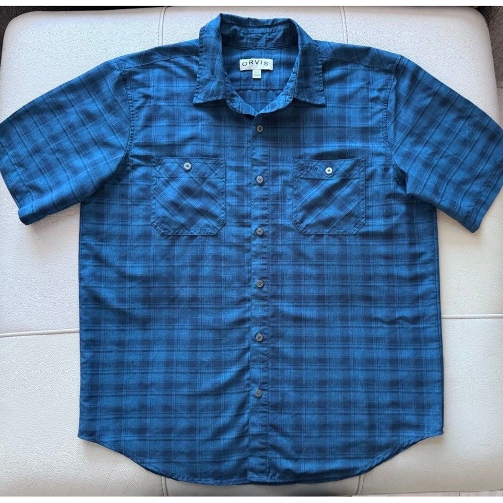 Orvis Button-Up Shirt Men's Large Blue Plaid Short Sleeve Fishing Outdoor - Picture 2 of 11